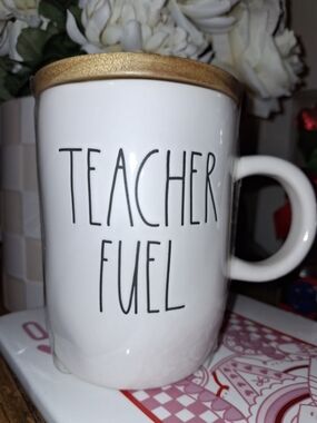 Rae Dunn White Ceramic 'Teacher Fuel' Mug with Wooden Lid Coaster